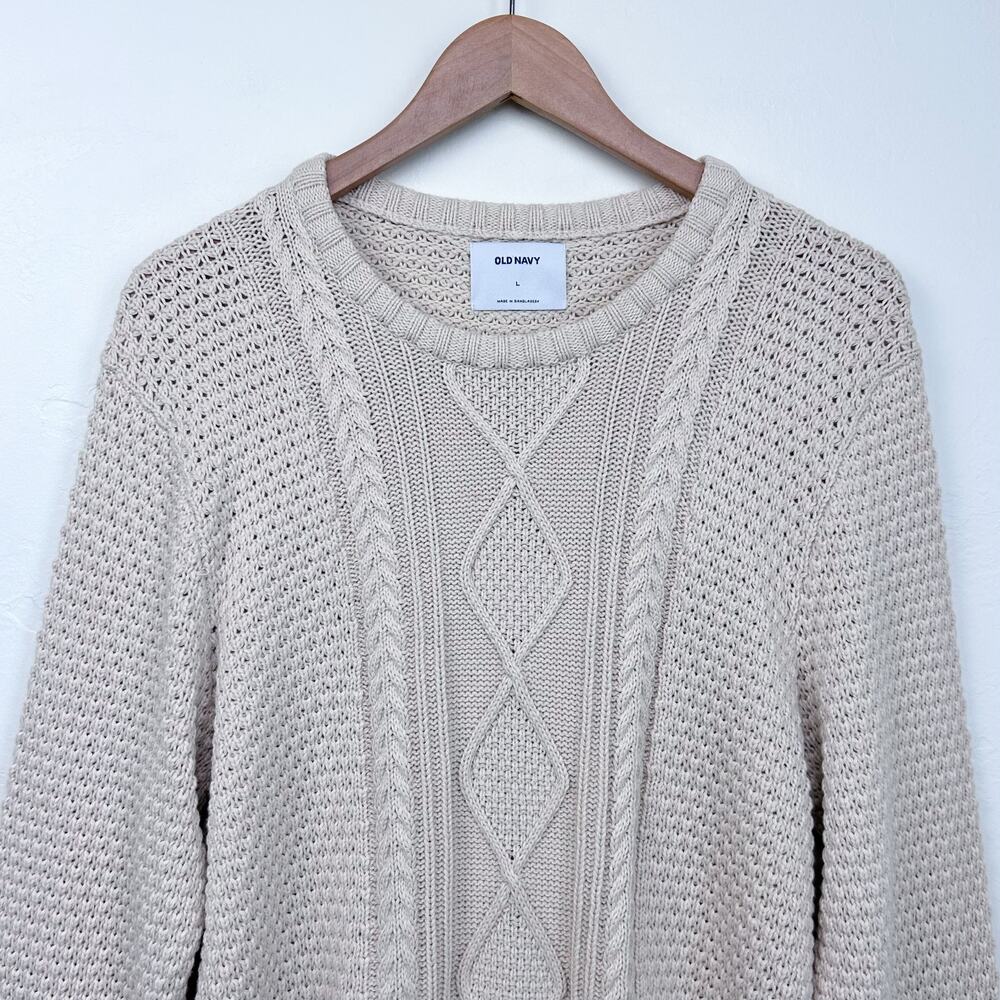 Old Navy Men's 100% Cotton Cable Knit Fishermen Cream Crewneck Sweater LARGE - Picture 3 of 8